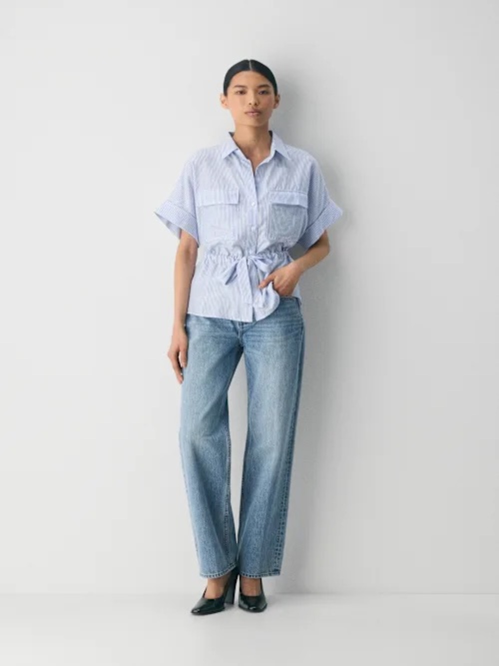 Aritzia Blue and White Striped Button-Down Tie-Waist Shirt